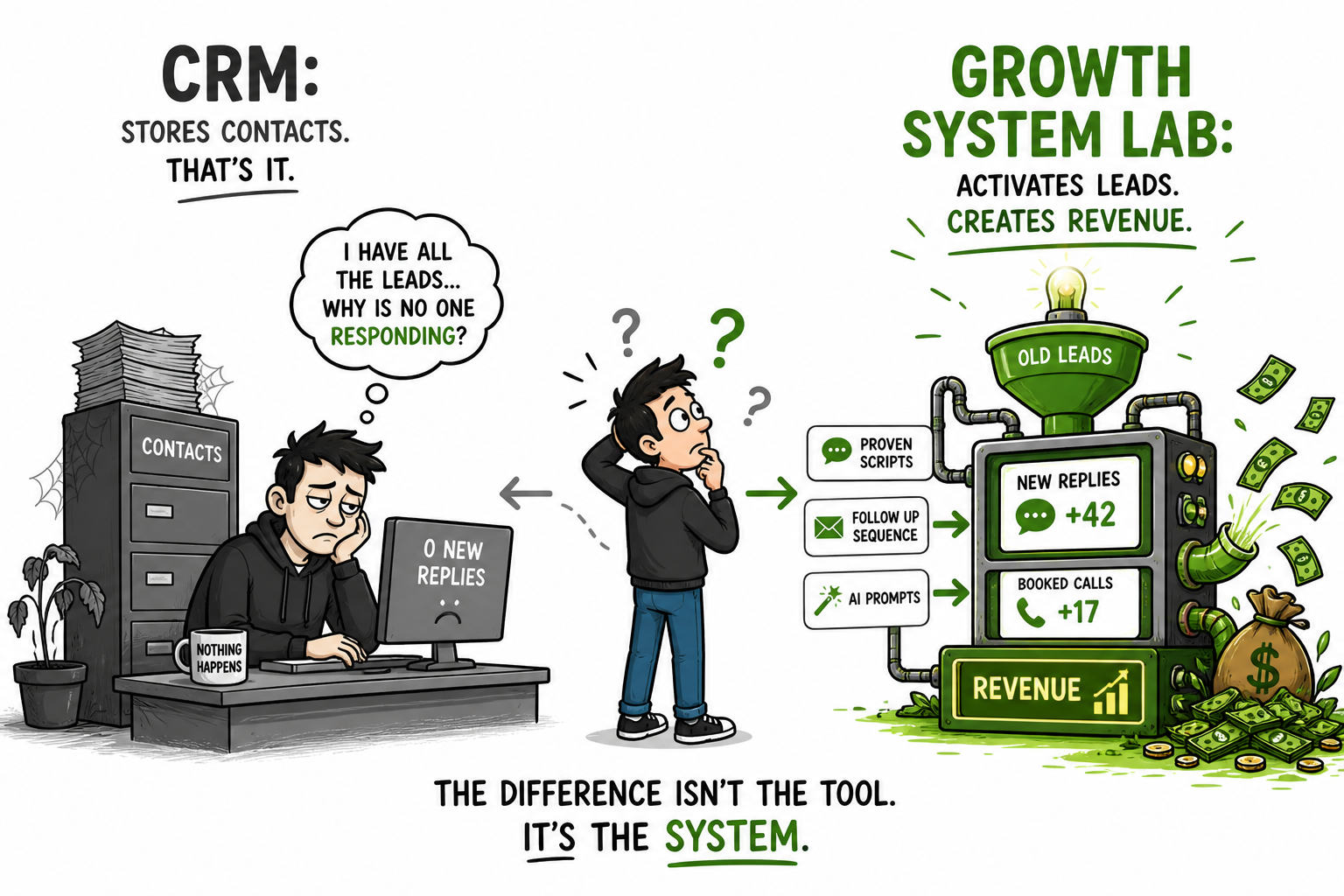 Illustration comparing a CRM that stores contacts with Growth System Lab activating leads and creating revenue